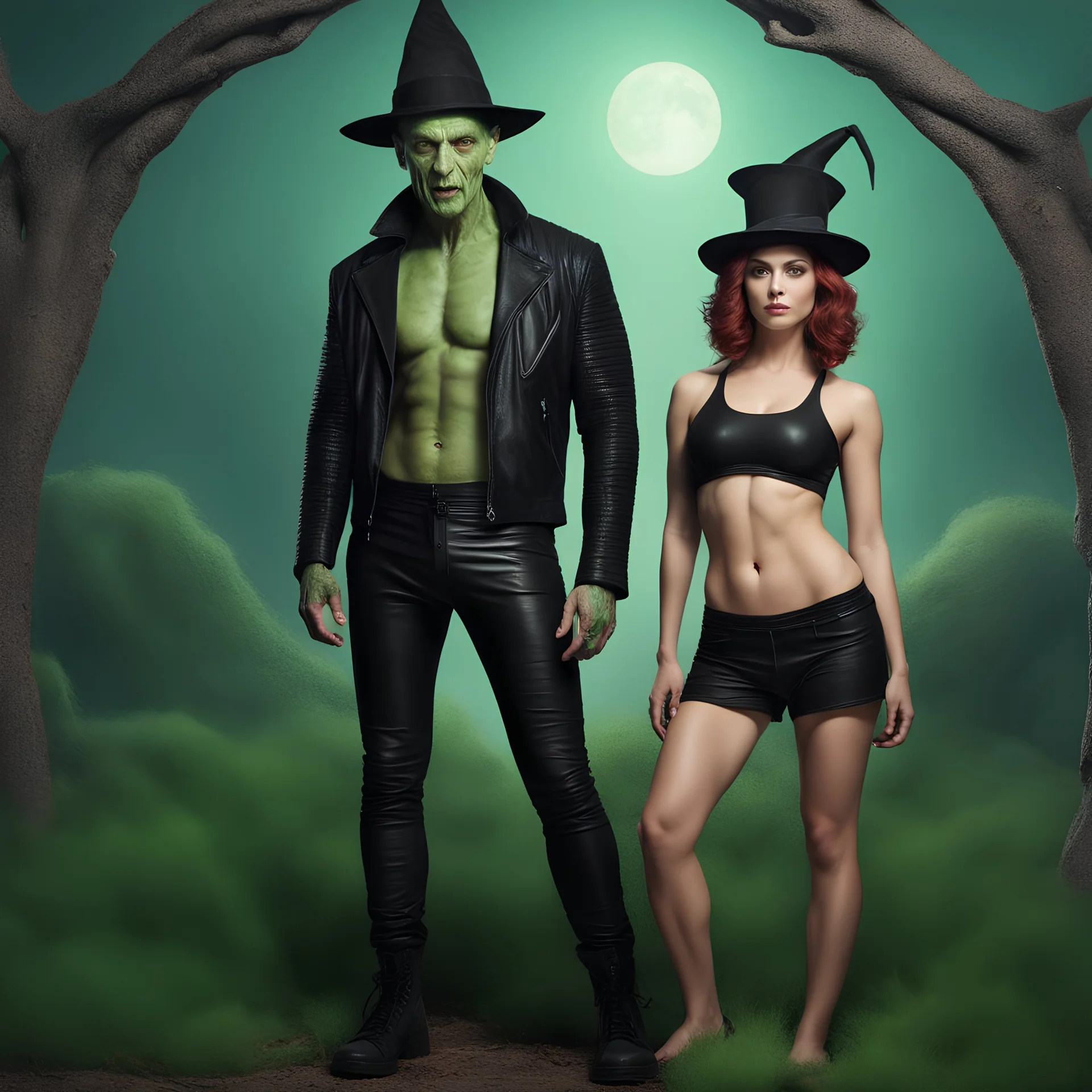 An extremely muscular young man who resembles an old, decomposing zombie with pixie-cut black hair, wearing a black leather jacket and pants, standing next to a beautiful woman with auburn hair who resembles the wicked witch of the west, wearing a black two-piece bathing suit with a perfect shaped, stacked body, and a perfect face, 4k, 8k, 32k UHD, Hyper realistic, extremely colorful, vibrant, photorealistic, realistic, sharp, highly detailed, professional quality, beautiful, awesome, majestic,