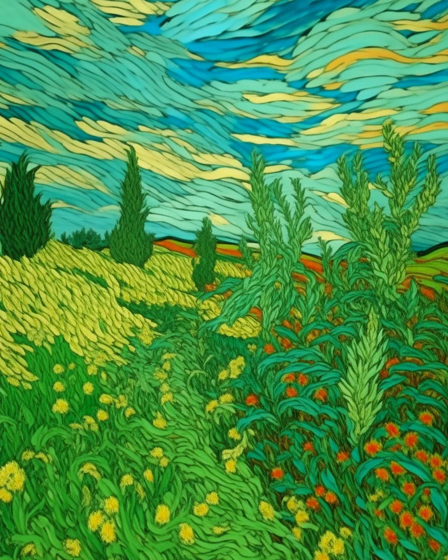 A mint colored meadow in the sky painted by Vincent van Gogh