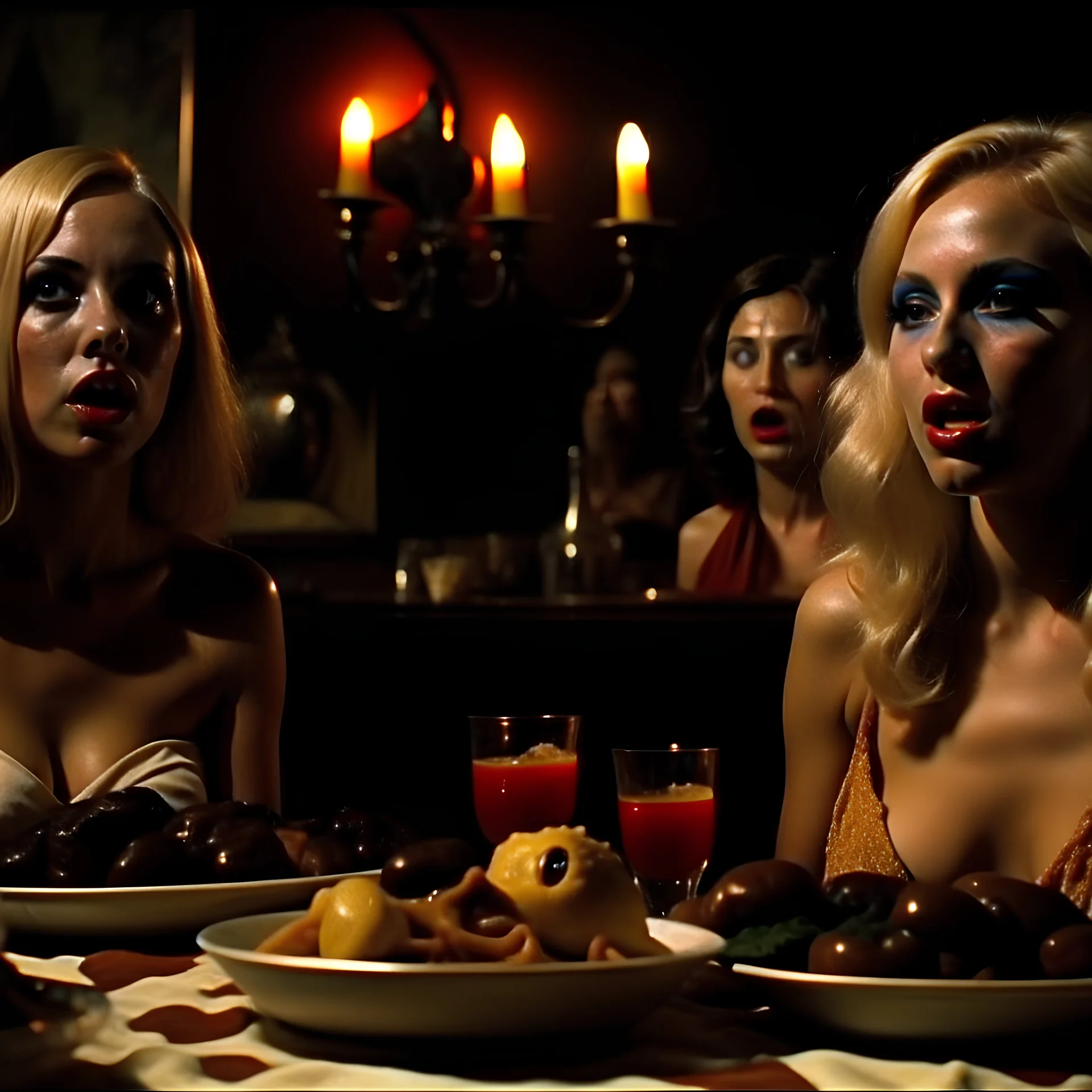 Horror movie shot, spooky, hot, ultra realistic, dine, horns, ultra realistic hot blonde women, party, pieces of meat, organs, ail, dynamic, very excited people, hypermaximalist figures, light, 1970's Italian horror movie, sinister,, Dario Argento, Stanley Kubrik, ornate, 4k, photorealism