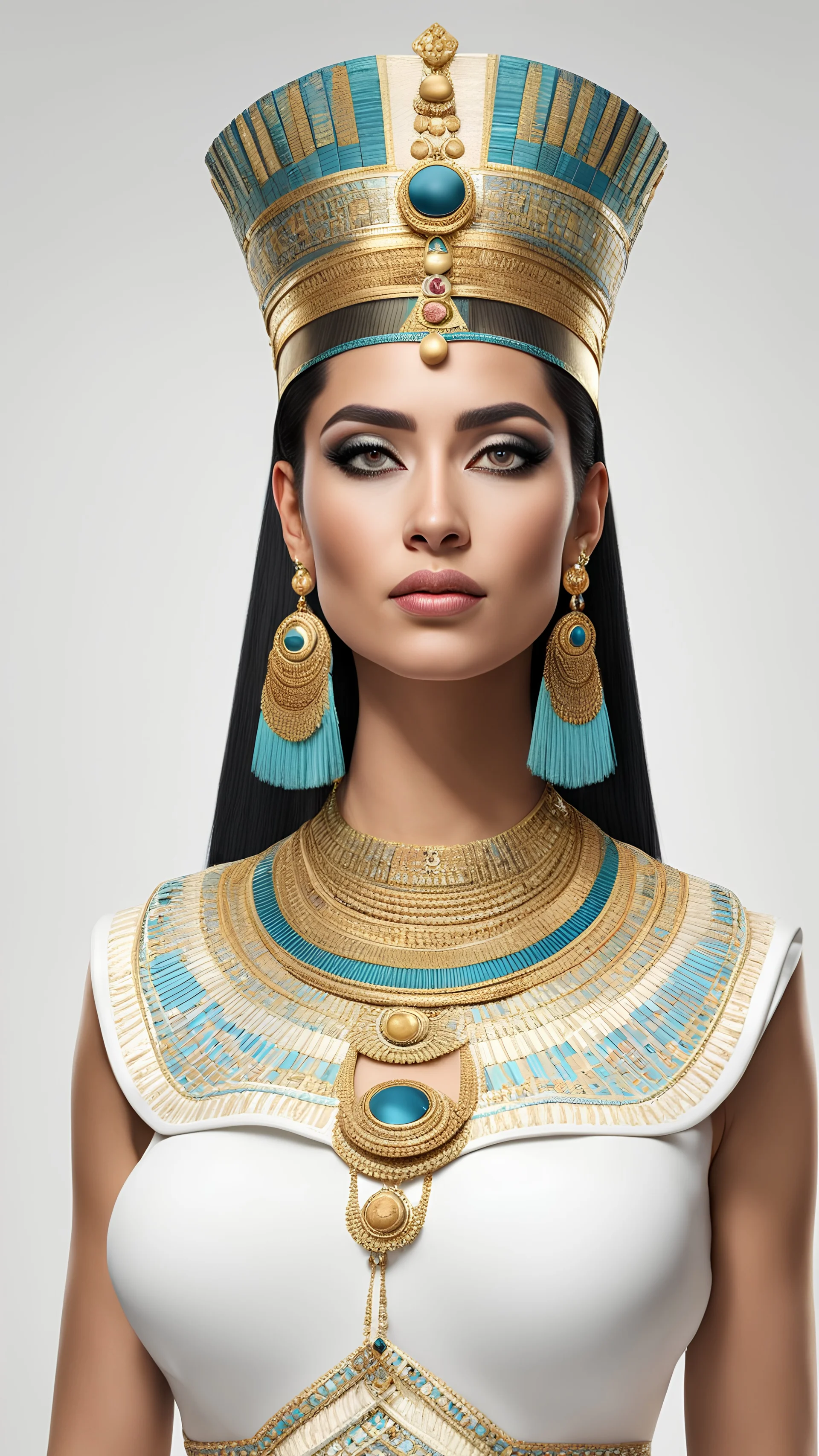a Highly detailed photorealistic portrait of Queen Cleopatra in Egyptian ceremonial dress, standing in full sized, 3d character t-pose, a plain white background