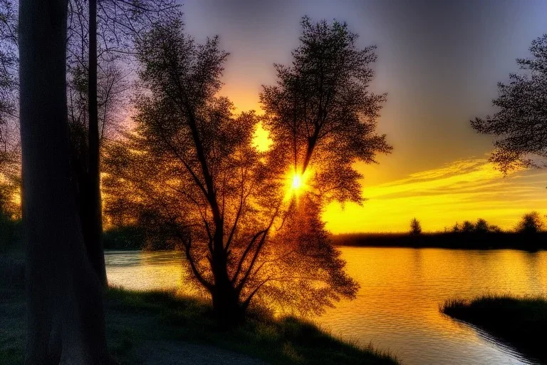 Trees, river, sunset