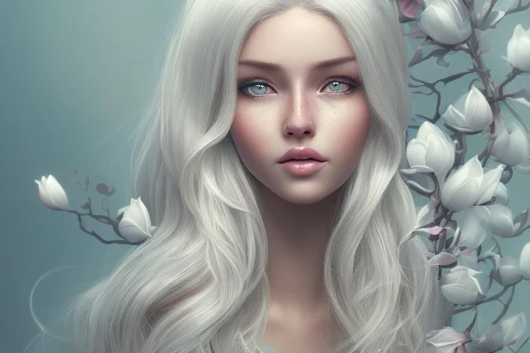 femme long cheveux blond blancs grands yeux bleus , 8k resolution, flower magnolia lotus rose, beautiful portrait, 8k resolution, flower head and body, beautiful star souriante+++