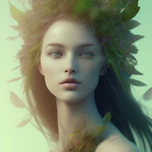 Portrait of beautiful abstract girl, dept of field,face shinning, plant, metal,lens blur,Unsharp masking,Açıklamalı resimler, feathers,central weight average,Laplacian filt CWA Dryad,Median filter fae, sidhe, ominous, nature, plants, wildflower sparkle,facepaint, dnd character portrait, intricate, oil on canvas, masterpiece, expert, insanely detailed, 4k resolution, retroanime style, cute big circular reflective eyes, cinematic smooth, intricate detail , soft smooth lighting