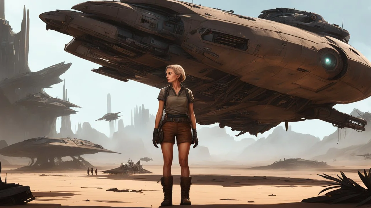 Concept art. Medium shot. skinny 50-year-old woman in brown shorts, shirt, and boots, standing next to a Vulture Droid cargo spaceship, sitting in a derelict alien jungle town. Best quality.
