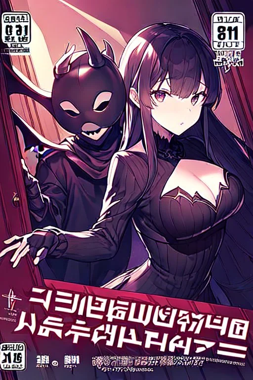 girl with demon mask in the middle of the room, line arts, manga cover