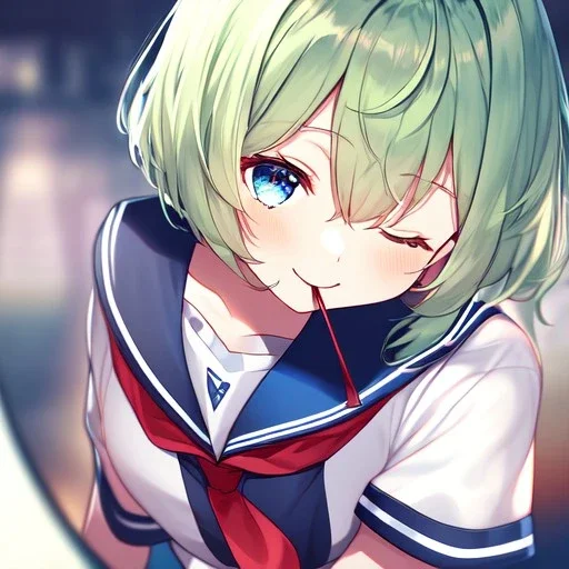 Clear focus, High resolution, short light green hair, blue eyes, wearing a sailor uniform, red tie, wearing a sailor skirt, eyes closed, smiling with mouth open