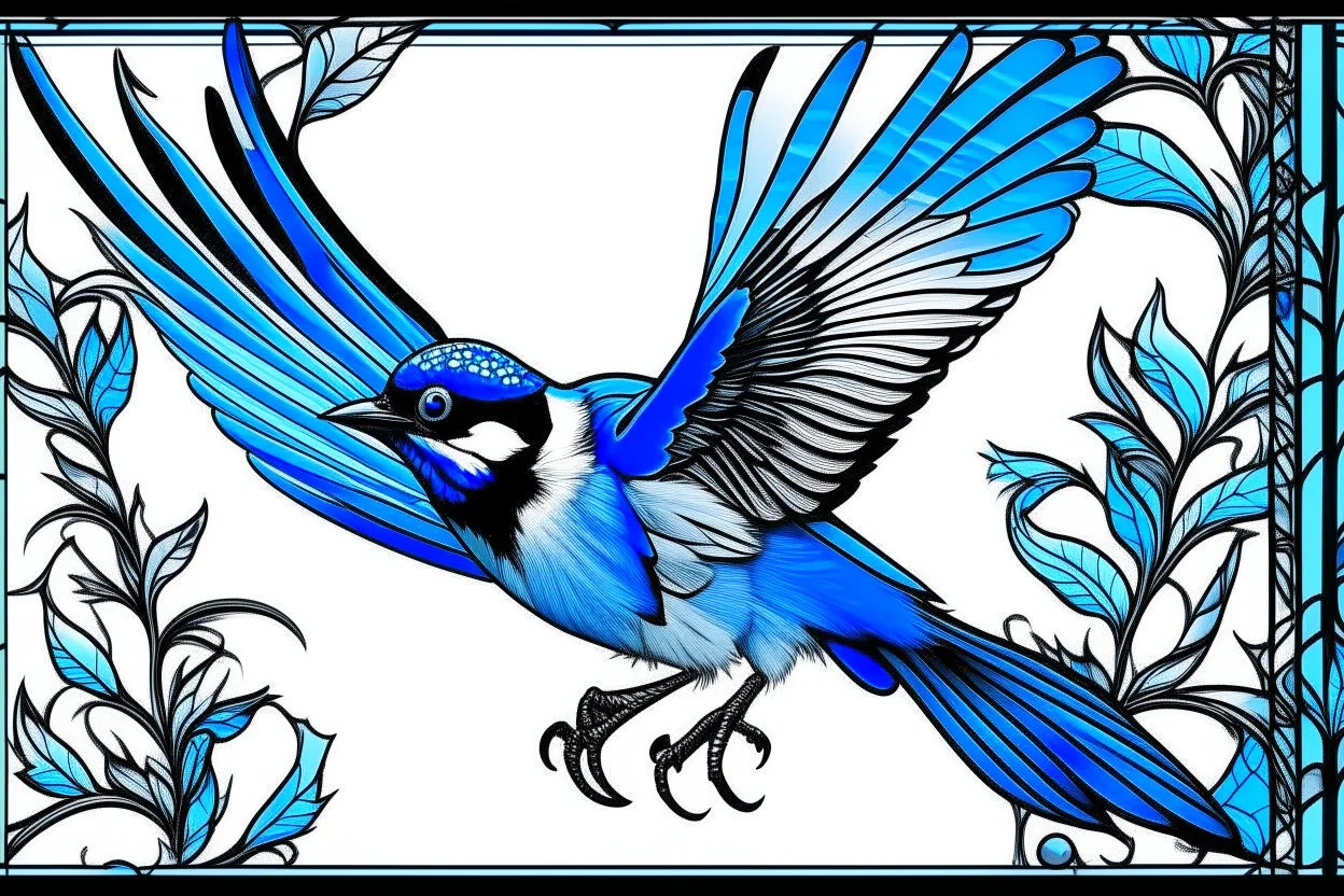 vitrail d'un geai bleu ailes déployées art décostyle japonais d'après mucha