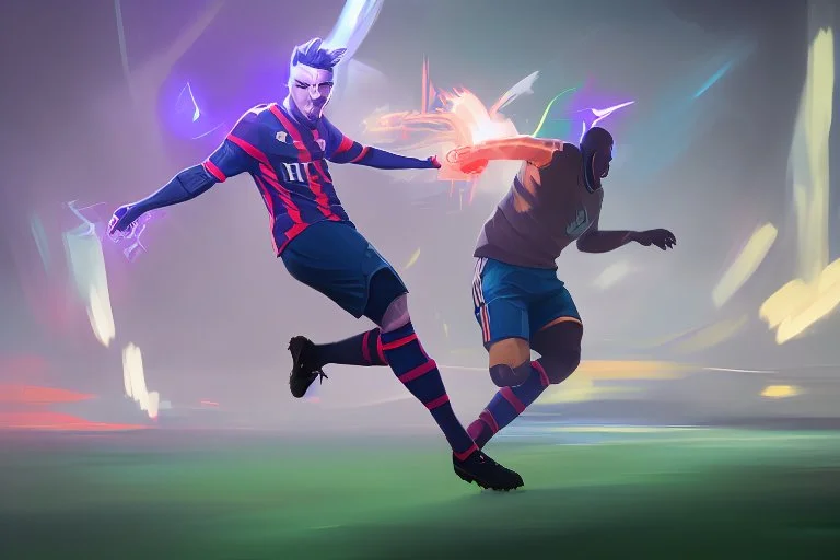 Oil painting, full body of a soccer player, he is kicking the ball, the ball is flying, bright but not neon colours, dynamic lines, dynamic blobs, spots, lines in the background of the character, splash like a colour explosion