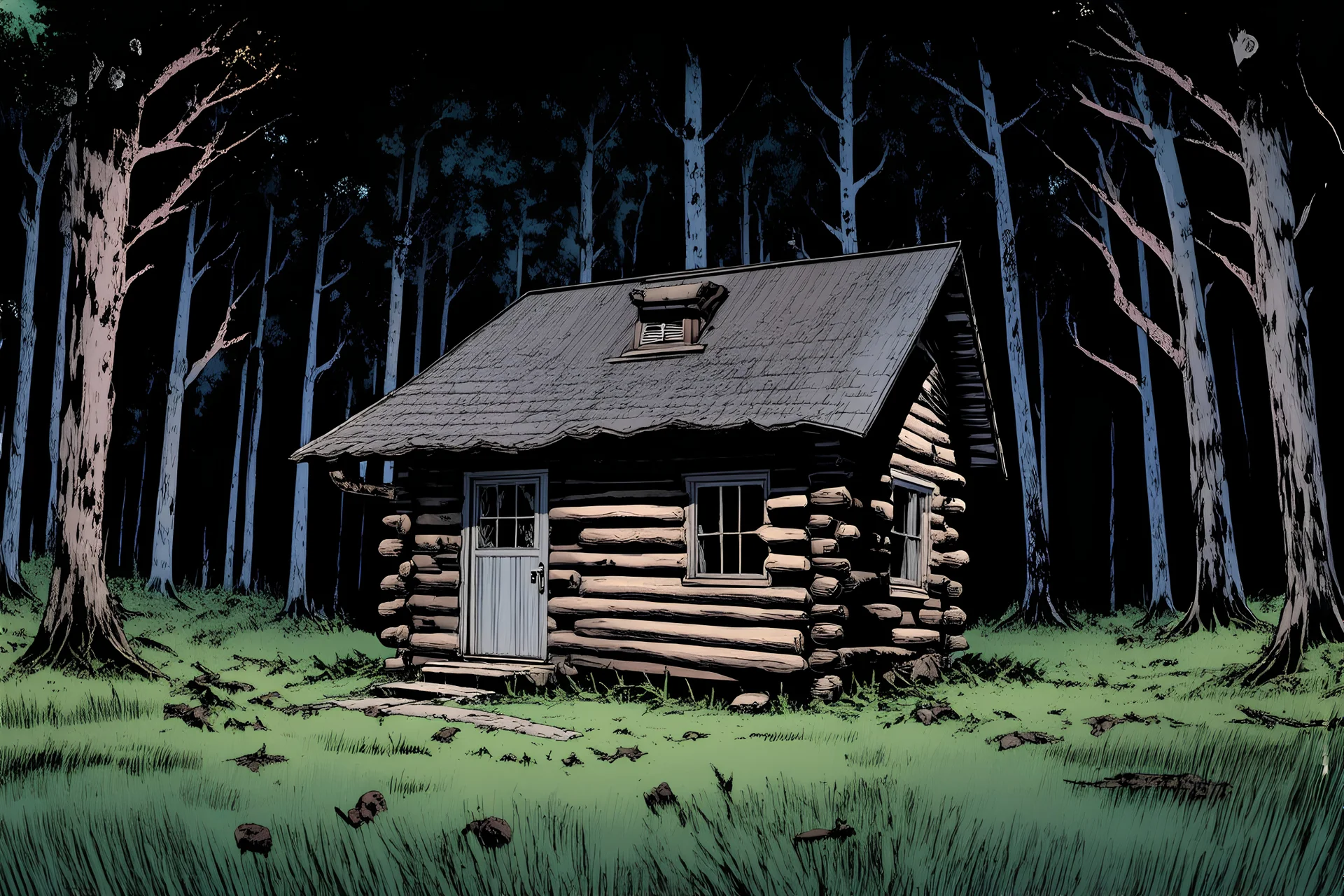 marvel comic book style, small abandoned hunter's log cabin in a dark forest, overgrown, derelict, zombie apocalypse setting