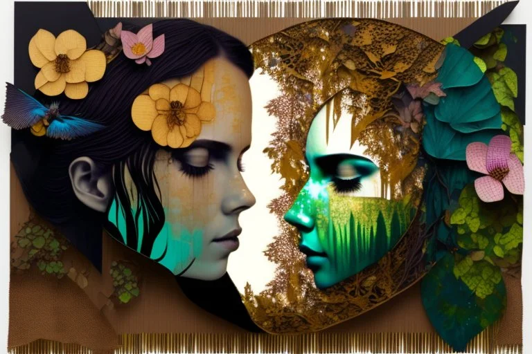 double exposure, dark night, Rainforest, flowers, birds, sleeping goddess merged layers, waterfall Patchwork and painting by Meghan Duncanson and Jennifer Lommers and Didier Lourenço in sunshine plastic 3D effect ochre, burlap, mirror foil in candlelight