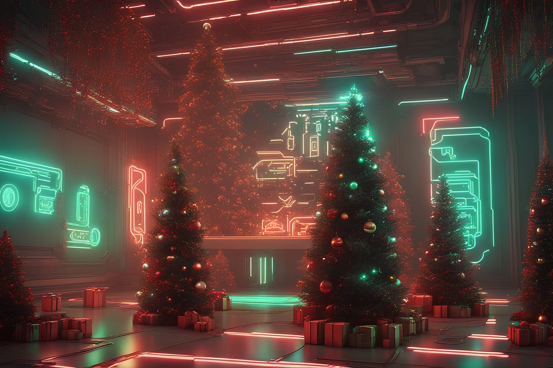 (ivory, black, gold, green, red) Cyberpunk Christmas 3D illustration of beautiful science fiction, Cyberpunk glow glowing gifts and New Year elements illustration neon artificial technology beauty cyber, smooth 3D digital art, exquisite 3D rendering, 4K, blender, c4d, octane rendering, 3D Disney style lighting, Zbrush sculpting, highly detailed realistic fabric, concept art, high detail Zbrush, Pinterest Creature Zbrush HD sculpture, neutral ligh