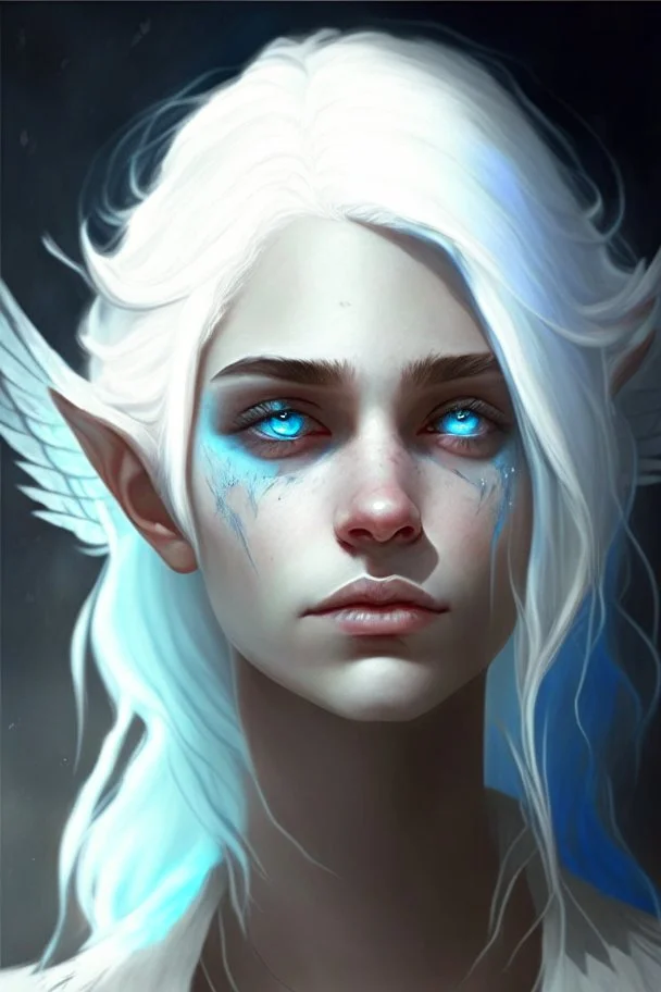 hauntingly beautiful character for dnd, young woman with white hair and blue eyes, angel