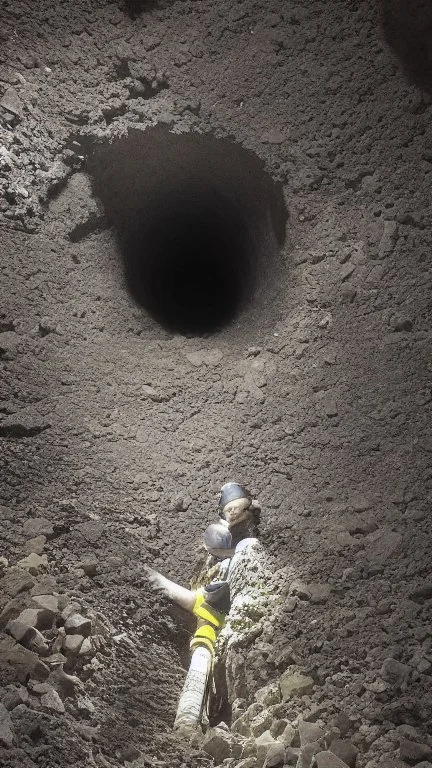 character in semi-darkness, on the scree cone of an underground room dimly lit by daylight coming from a well located forty meters above.