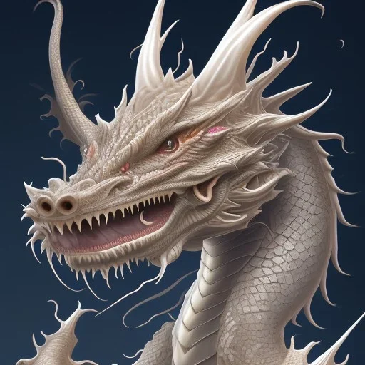 This Oriental Dragon has 1 horn pointing backward. Its neck is long; Its snout is vertically flat, wide, short, and sharp tipped. Its teeth are rounded. It has curved claws, frills, and spotted scales. Its tail is very short and very wide. Its breath weapon is hallucinogenic gas.