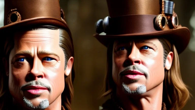 whole body portrait of Brad Pitt as a steampunk character in a steampunk setting, HD 4K, sharp detail, photo-realistic accurate face and features, cinematic lighting, award winning photography