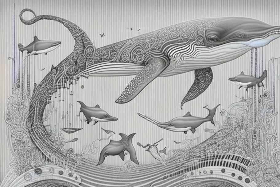 line drawing, of a beautiful surrealistic image of both animals together, create an orca and a flying elephant ;made exclusively of music symbols, background is horizontal parallel lines like staffs and piano keys at bottom, symbols are discernible, overall exquisitely detailed, elegant, extremely intricate, high definition, dope, innovative, line art, contemporary art, fractal pencil drawing,