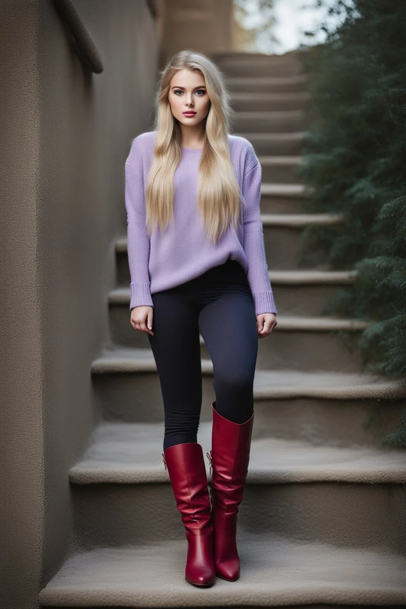 beautiful 18 year old girl with ash blonde hair and blue eyes with her curvy hair down, wearing a long-sleeved woollen top, and lilac long leggings, with long red boots full body shot