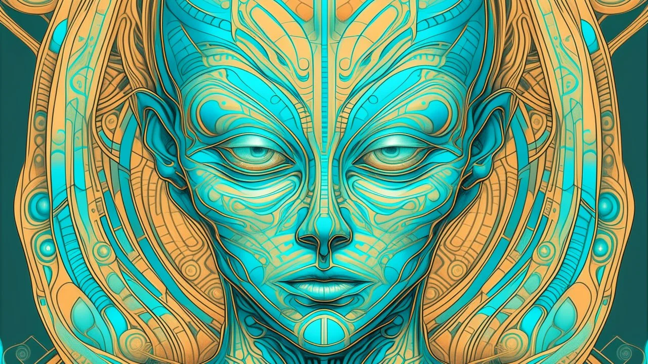 alien art and illustration, in the style of balanced symmetry, light orange and cyan, detailed facial features, meticulous portraiture, complex patterns