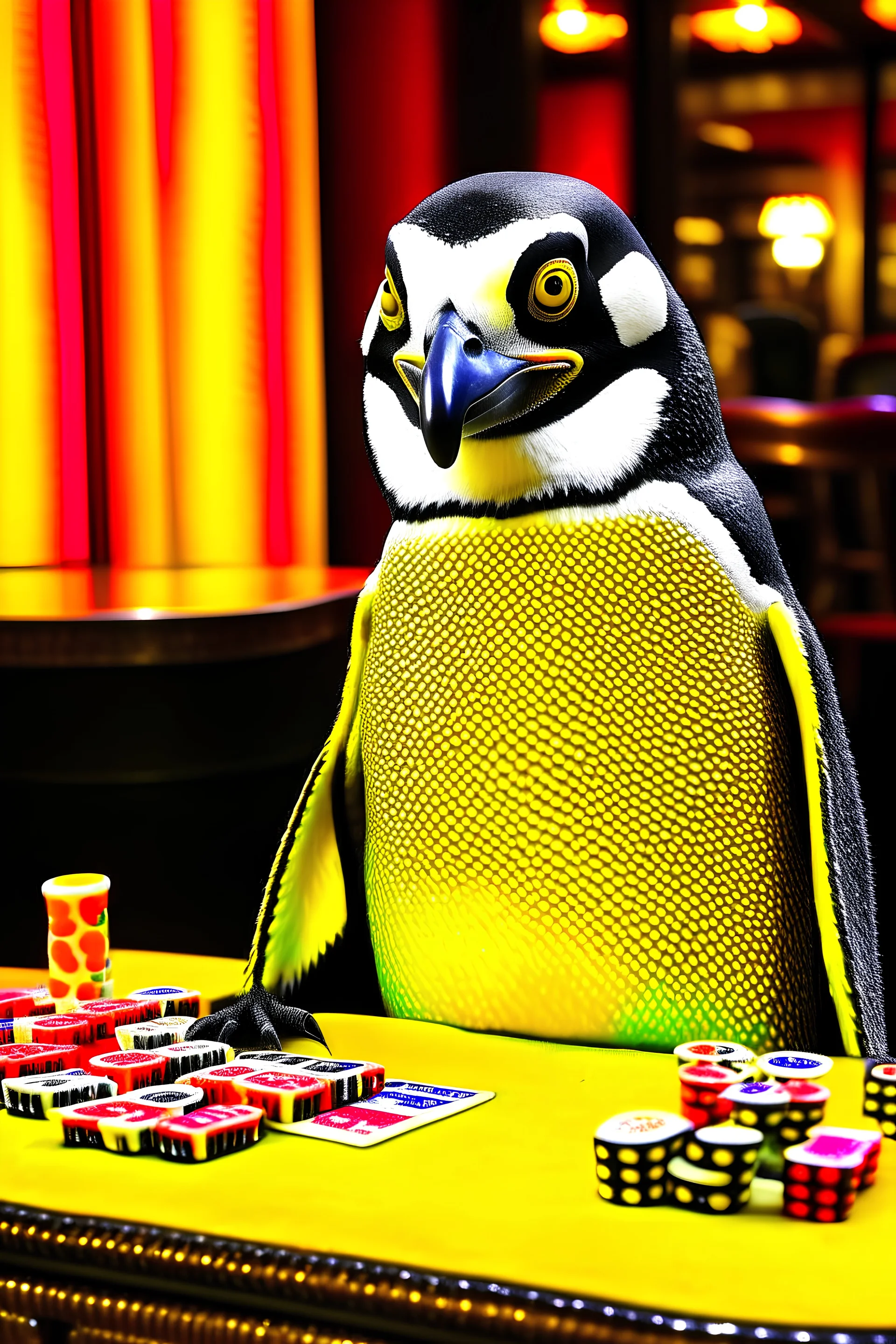 photo of a penguin playing cards at a casino, not a cartoon