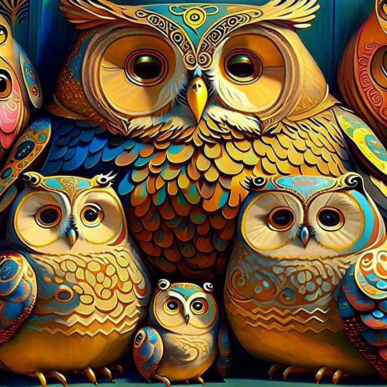 Family of cute and chubby owls multicolored by Fernando Botero and Jacek Yerka , sf, intricate artwork masterpiece, ominous, matte painting movie poster, golden ratio, trending on cgsociety, intricate, epic, trending on artstation, by artgerm, h. r. giger and beksinski, highly detailed, vibrant, production cinematic character render, ultra