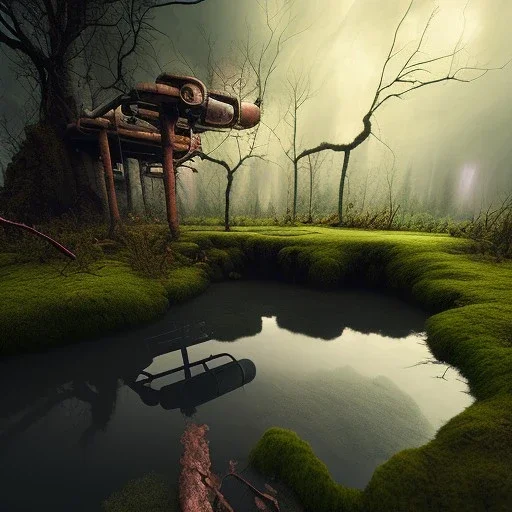 hyperrealistic shot, rusting and moss covered giant game console, earth color palette, sharp focus, puddle reflection, water splash, refraction, bats flying on the horizon, rain and lightning on the horizon, shadowcast, detailed and intricate, cinematic composition, tilt shift photography