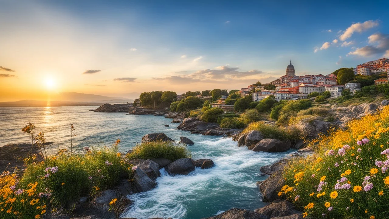 desktop wallpaper ,Turkey istanbul kus adasi,country side wavy rocky river ,wild flowers,blue sky nice clouds,golden hour