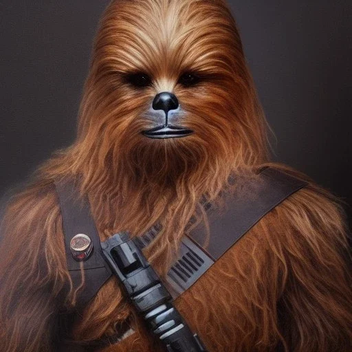 photorealistic and intricate portrait of chewbacca in star wars by tom bagshaw, wearing beskar armor, deep dark colors, hyperdetailed, 32K, oil on canvas,