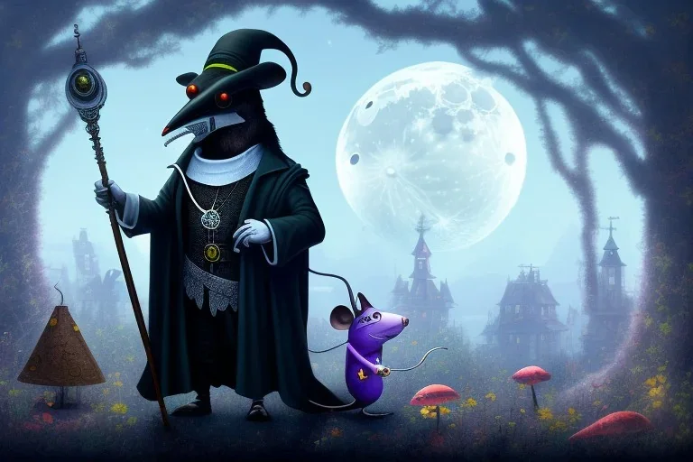 A Plague Doctor (AND) a Mouse run on the moon while expanding their minds with psychedelic mushrooms by Pixar and Dreamworks