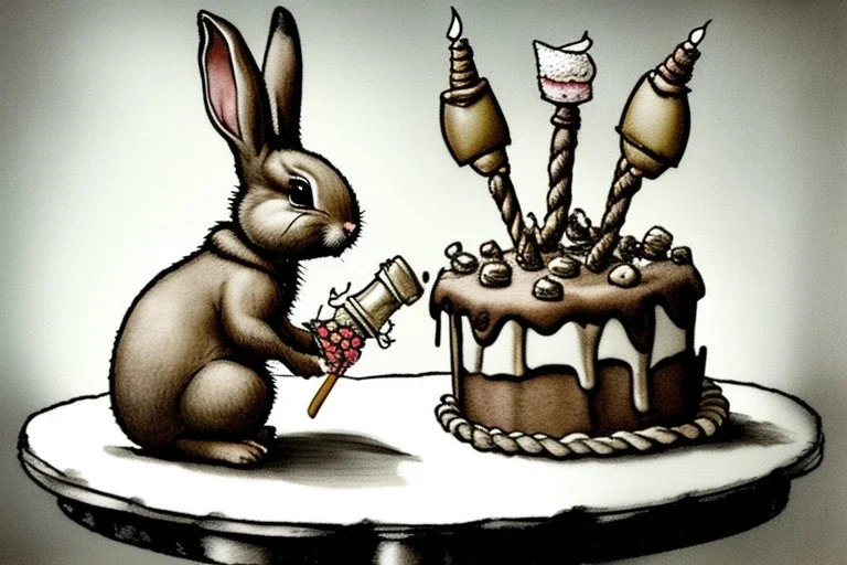 Bunny is having a birthday cake with a hand grenade. Highly detailed, smooth colours, realistic landscape. Aquarell