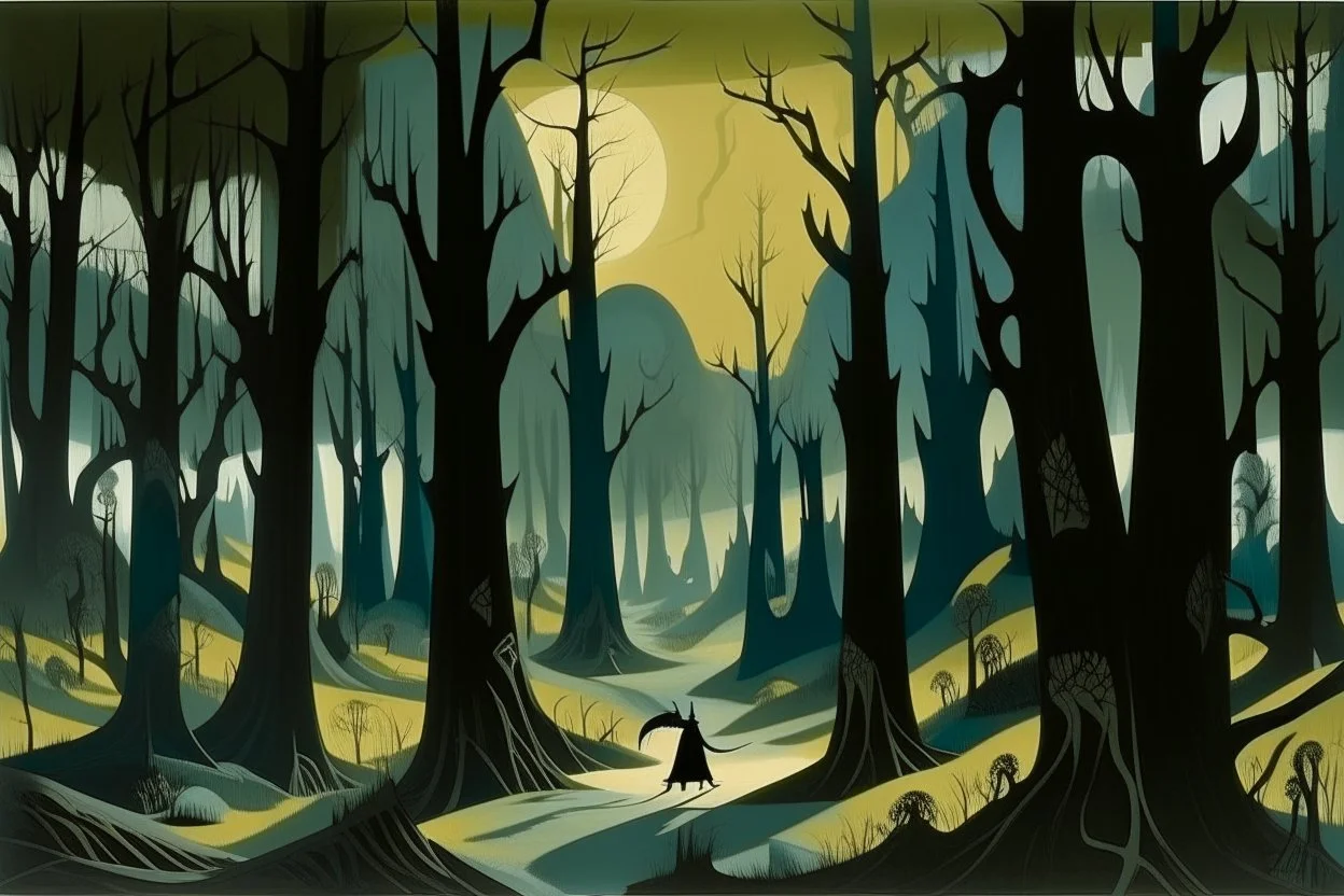 Black warped woodlands with dead trees and shadow monsters painted by Lyonel Charles Feininger