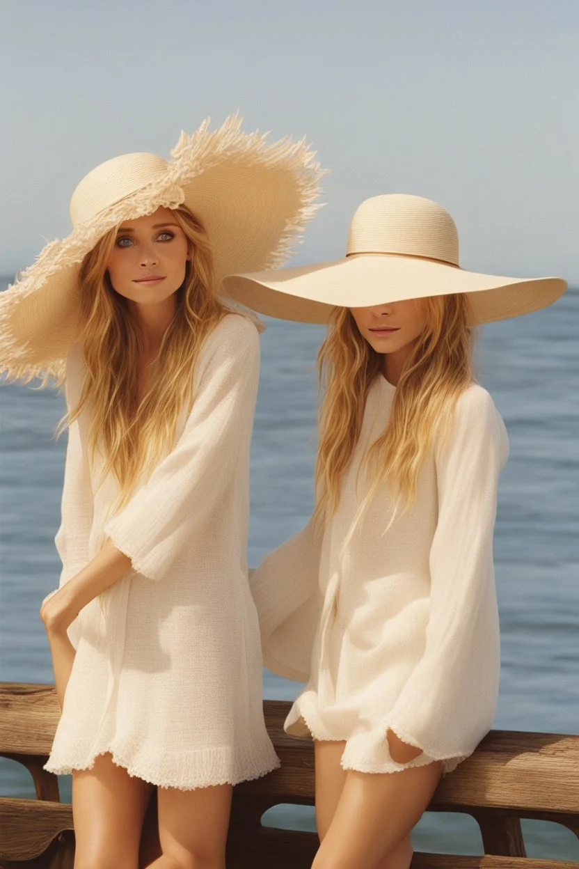 ((Mary-Kate and Ashley Olsen a warm hug)),Her laughter floats harmoniously with the sound of seagulls, infusing the air with a joyful melody. A vivacious energy radiates from her as she gracefully adjusts her oversized sun hat, casting a charming shadow on her sun-kissed face. The rhythmic crashing of waves seems to echo her carefree spirit.