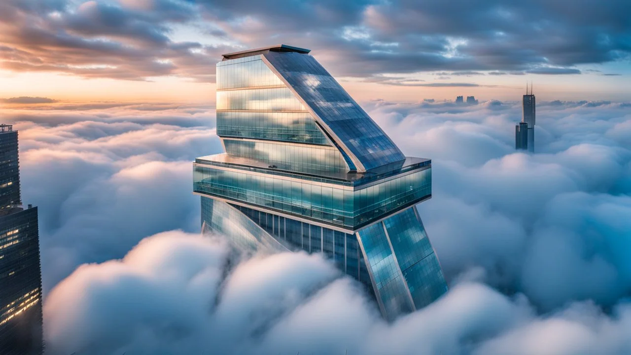 medium shot photo from high-tech futuristic office building between in big clouds , glass and metalic walls, tall, cyberpunk, blue, and dark colors, cold colors, high detalied, shapr focus, sci-fi mood