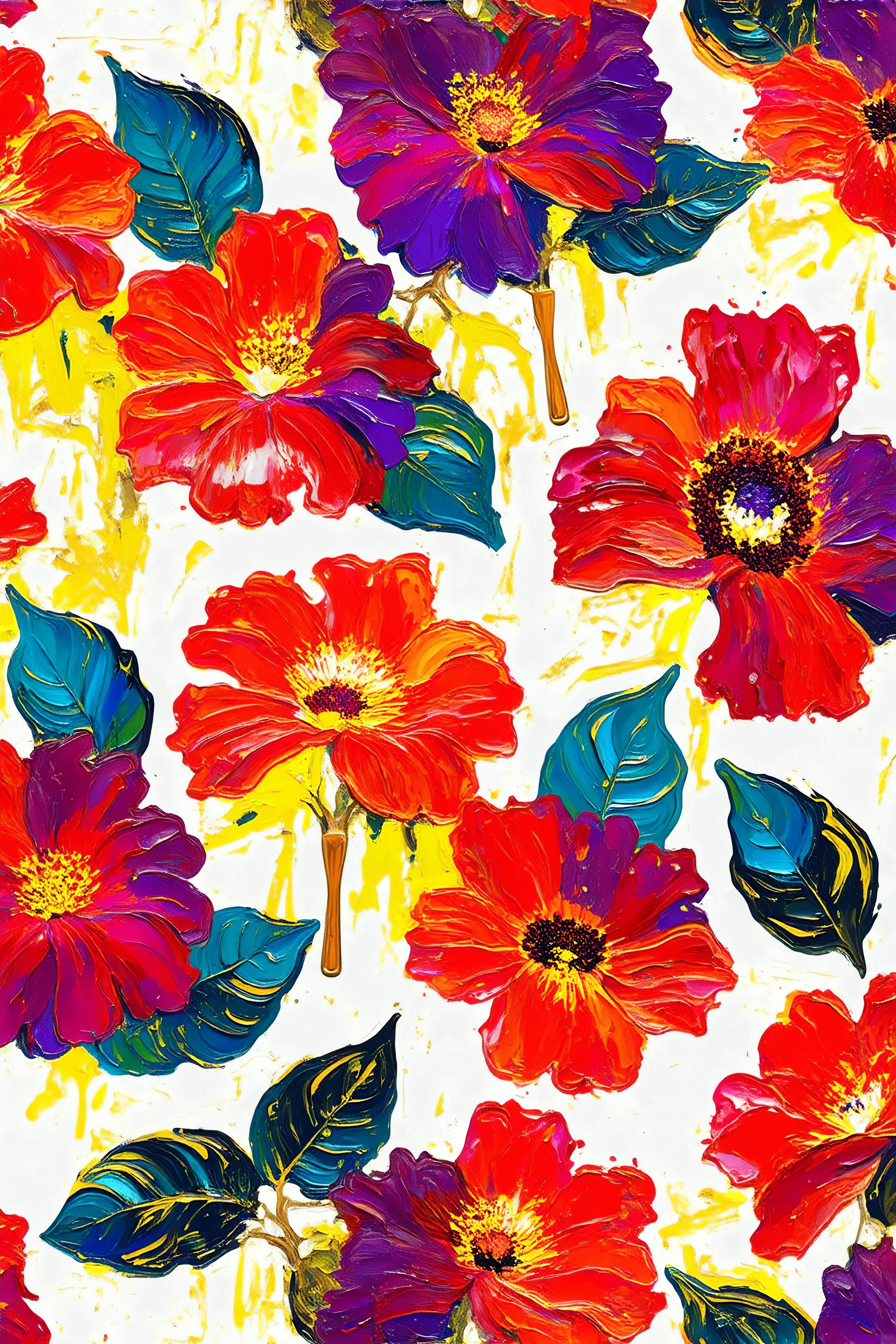 SEAMLESS Pattern masterfully detailed, vibrant red, blue, yellow, purple and teal big flowers green leaves and golden lines created with spatulated oil painting techniques, featuring thick, impasto strokes, grunge scratches, and deposit of saturated oil pigments along the with white background