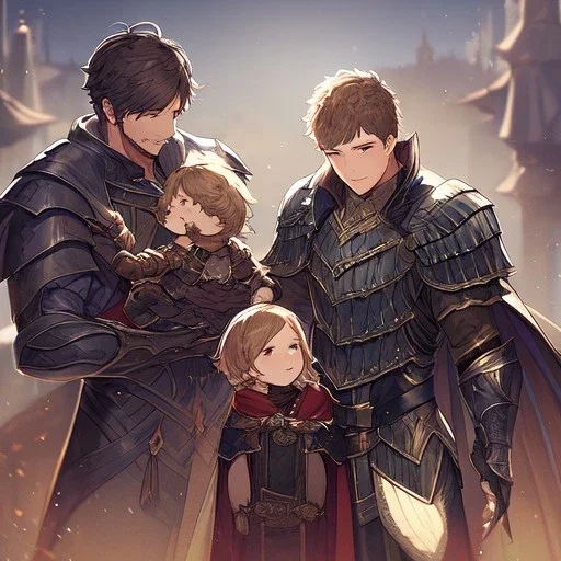 Boy wearing leather armor protecting family