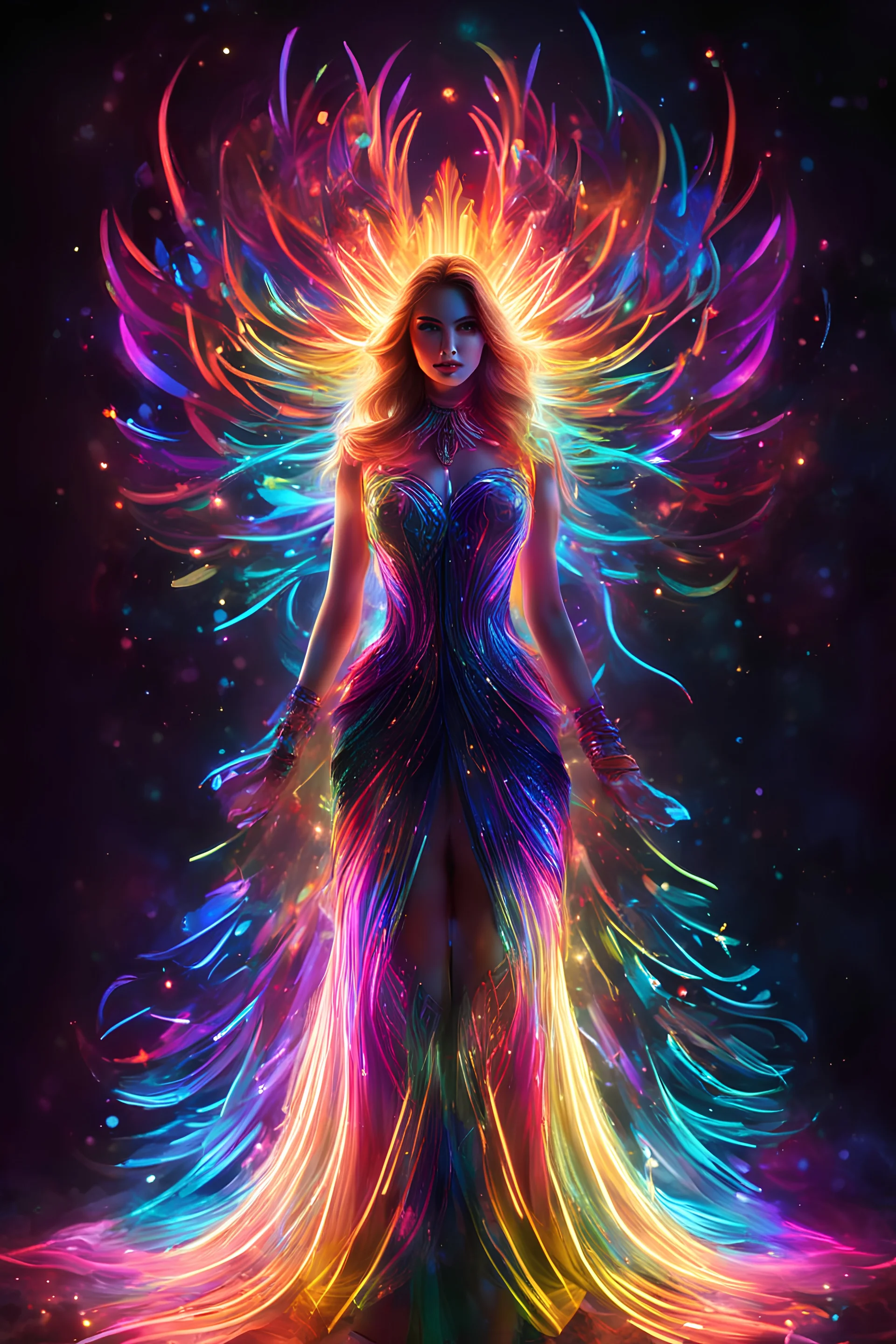 Beautiful woman with dress art neons glowing bright light in the dark and colorful details