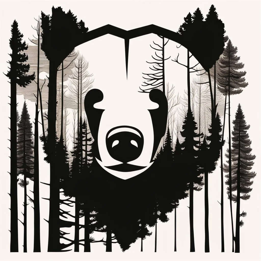 M shaped bear head combined with woods silhouette in backround, letterpress style, minimalistic pencil art