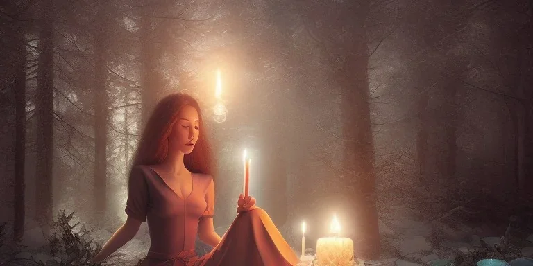 7 woman from all over the world, sitting in a cirle surrounded by candles and crystal, meditating in a enchanted forest, fotorealistic, high quality, landscape, 17