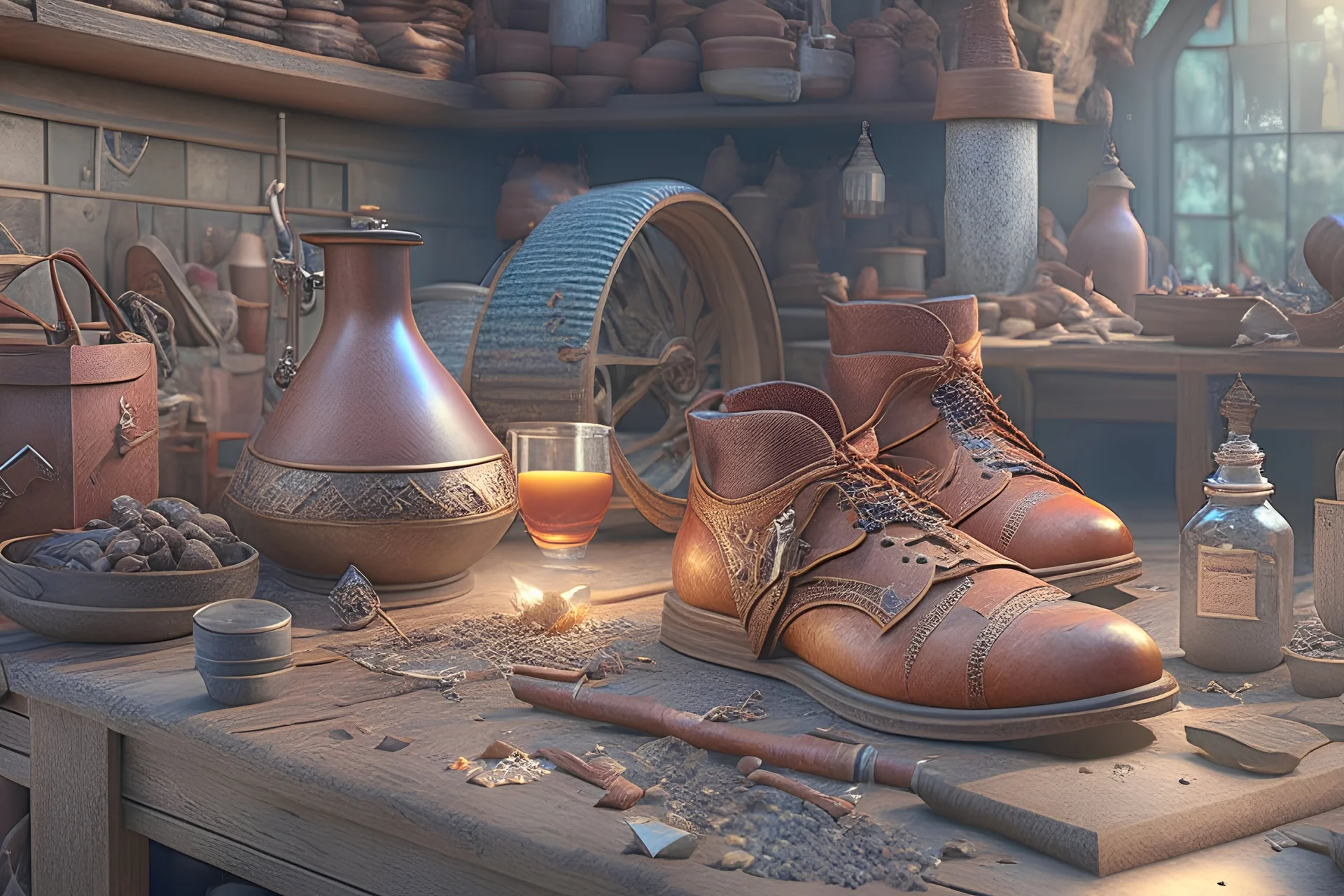 mediaeval cobbler in his workshop, 8k, RTX, realistic, 3D, intricate details