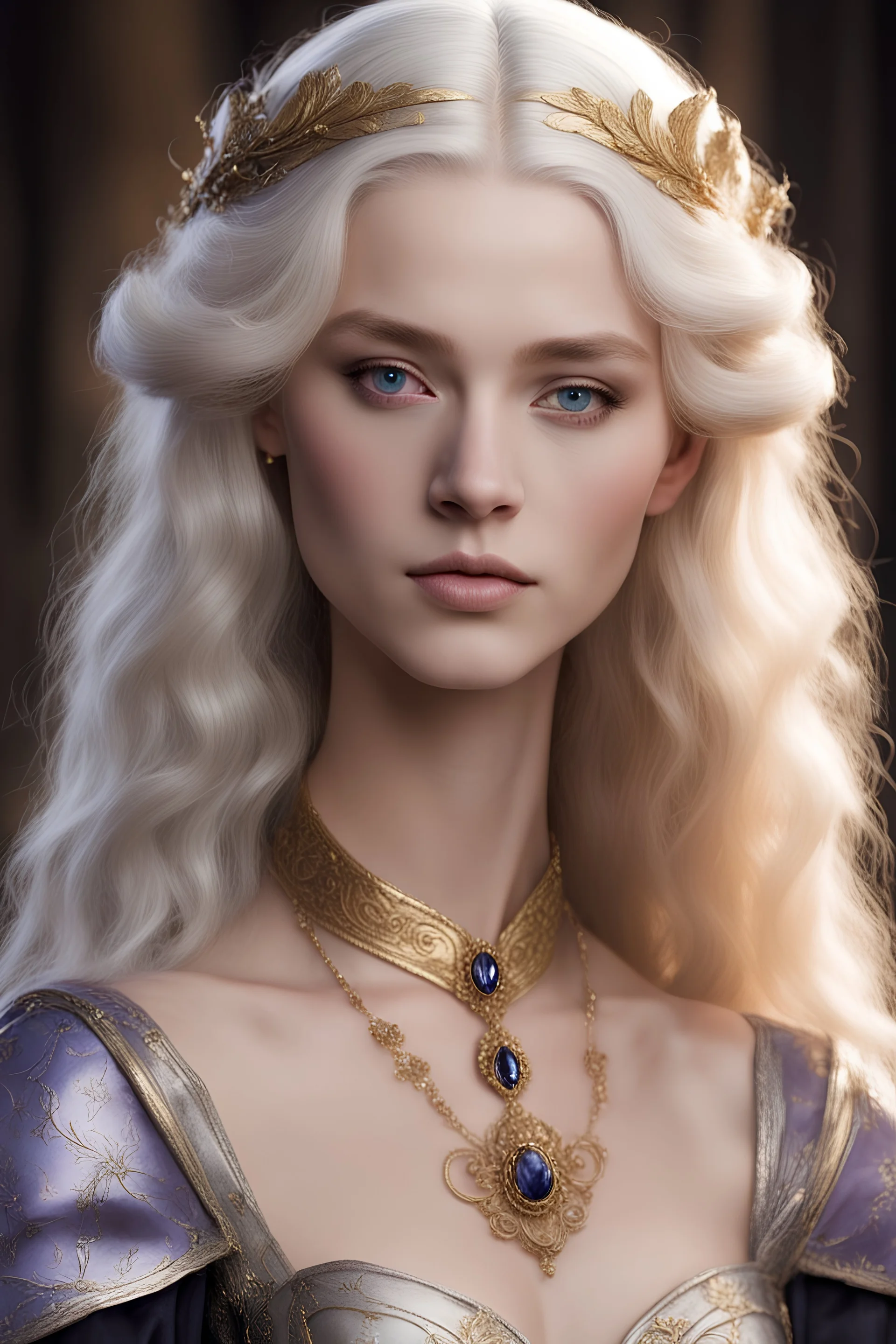 Maegelle Targaryen, aged 16, epitomizes Targaryen allure with her golden hair and sapphire lilac eyes. Despite her royal lineage, her demeanor exudes youthful innocence and curiosity. She boasts a slender frame adorned with delicate features, framed by cascading golden hair. her porcelain skin and high soft cheekbones. Her hair is worn in a braid and not loose