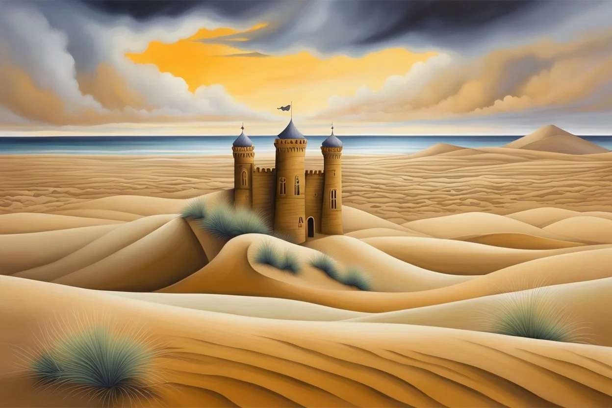 a hidden palace in undulating sand dunes, storm clouds, by artist "Kate Lycett",by artist "colorway gradient"