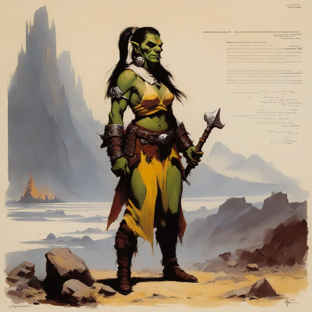 ConceptSheet: female orc cleric with AD&D statistics [by frank frazetta]