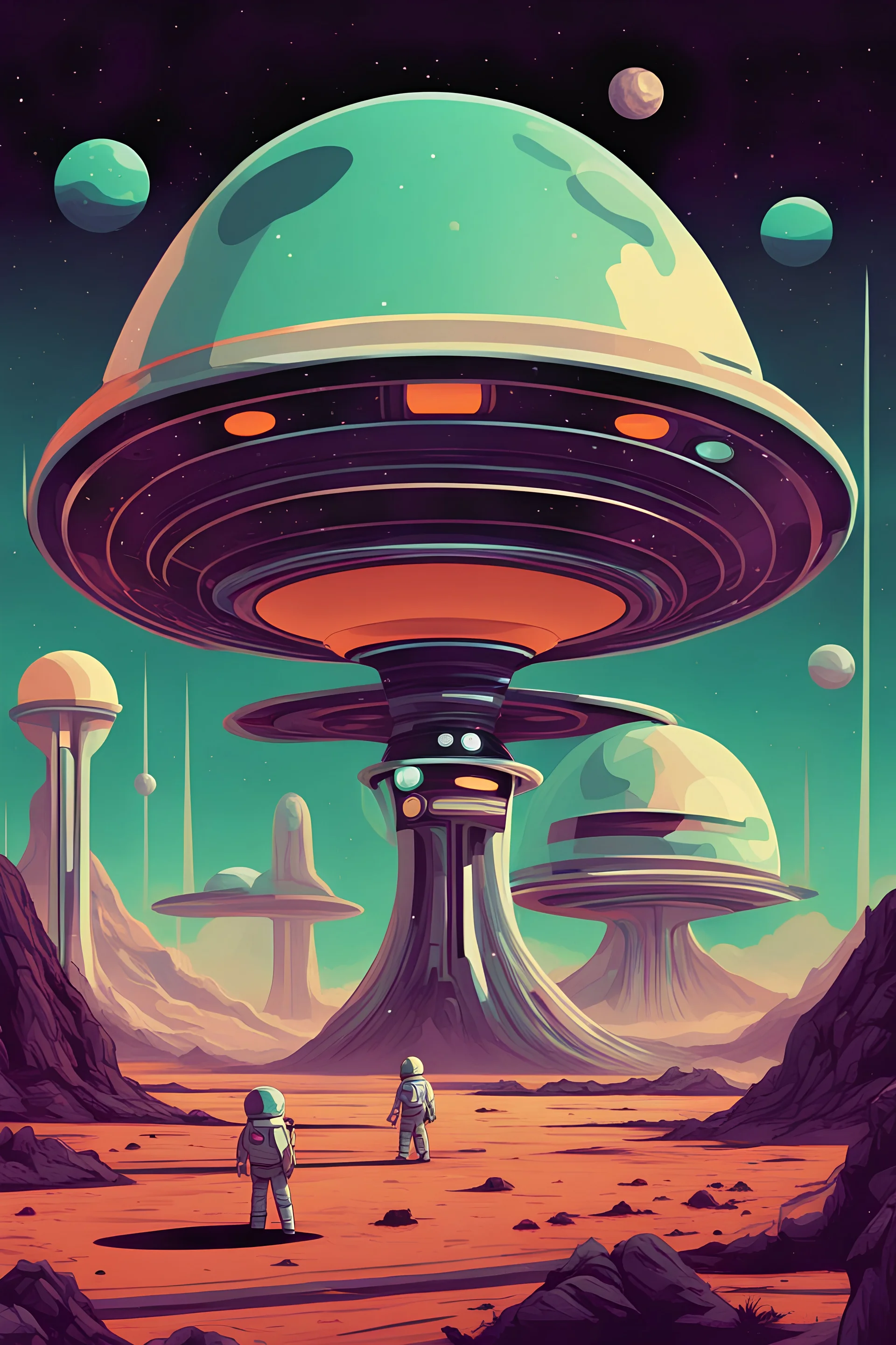 extra-terrestrial ennemies, retro futurist style, 70's, 2D video game