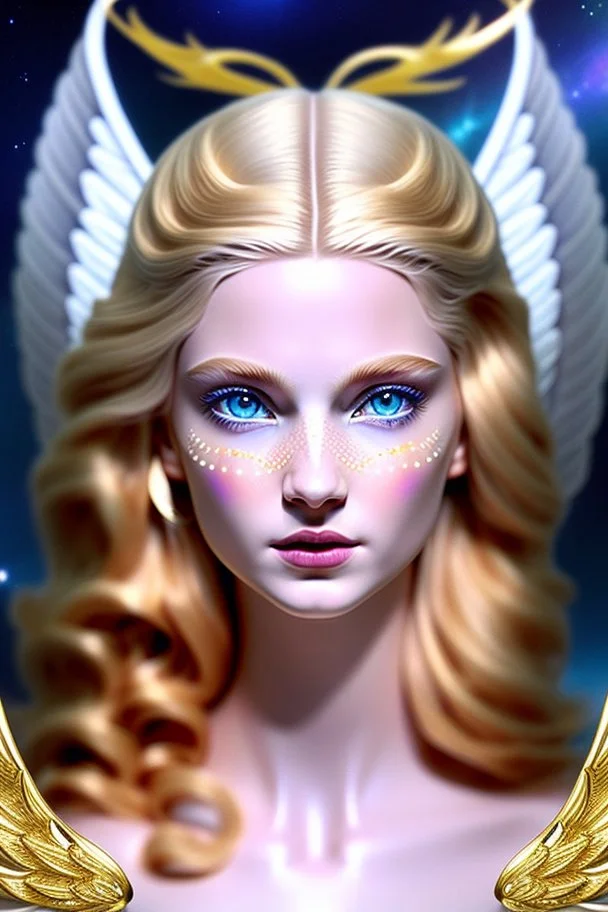 Flower, angel man, (detailed face )++, (detailed blue eyes)++ (long blond hair)++(pectoro visible)++(smile)++, , (two feathered wings on his shoulder blades)++, beautiful place, incredible, cosmic, colours, planet, gold, realistic, real photo, stars at night, detailed, high contrast, 8k high definition, unreal engine 5, extremely sharp details, (lighting effect, light background)++.