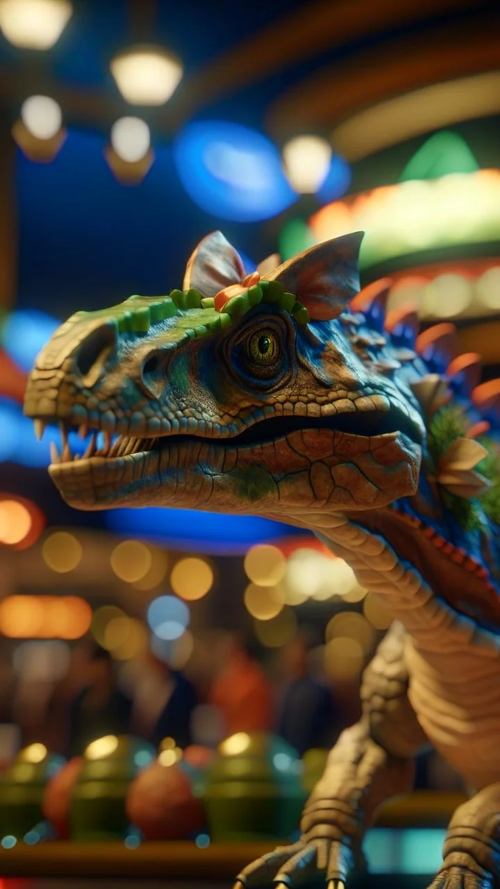 dinosaur with wearing a party bow at a casino, shot on Hasselblad h6d-400c, zeiss prime lens, bokeh like f/0.8, tilt-shift lens 8k, high detail, smooth render, down-light, unreal engine, prize winning