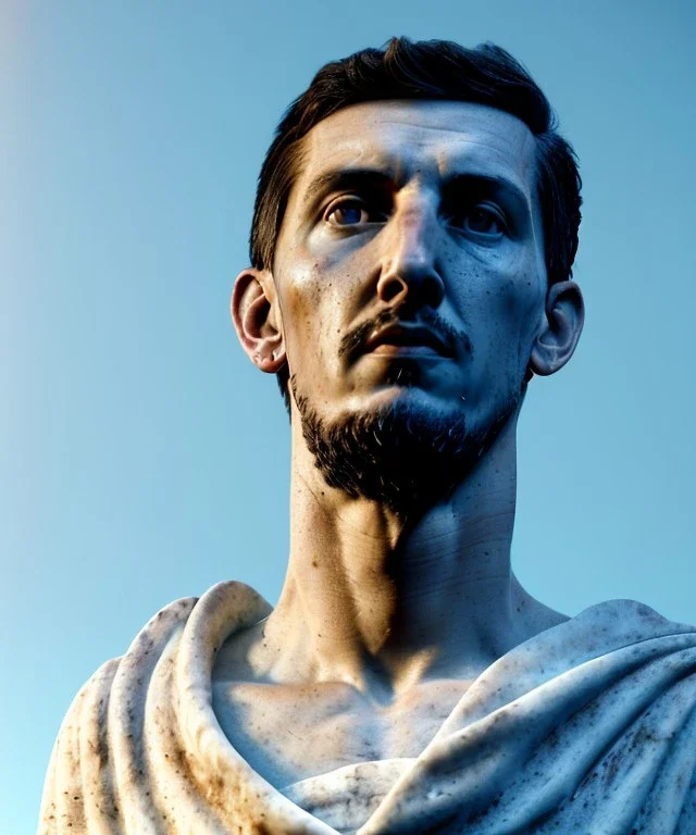 Ultra Realistic image, roman sculpture, white marble deluxe material, Angel di maria soccer player, Greece Laurel crown, miguel angel style, chisel style, emperador, waist up portrait, cinematic lighting, God light, god rays, 4k resolution, smooth details, ornate details, soft lighting, unreal engine 5, sky background.