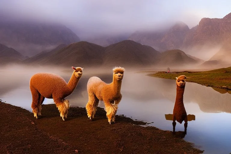 alpacas, peru, mountains, reflection, mist, sunrise