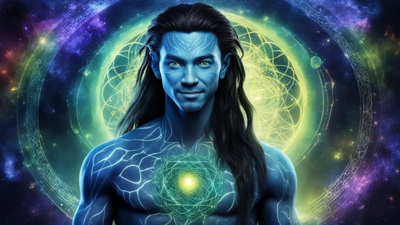 beautiful gorgeous young man na'vi with long hair, Avatar, blue skin, two small ears, green eyes, blue skin, black hair, in cosmic suit, galactic ambiance, medium pointy goatee , smiling, nebulas and sacred geometry light figures on the backgroud,