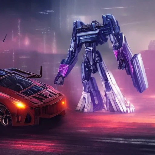 cyberpunk, landscape, transformers, hi-tech robots, GUITARS, cinematic, highly detailed, close up, 4k, deep colors, gold, fire, red, purple, dark, ethereal, utopia, apocalypse, flying Cadillac, from outer space