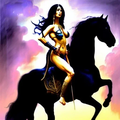 ultra detailed portrait of beautiful Dejah Thoris Riding a Black Horse and wearing a bikini plate armor, extremely detailed digital painting, in the style of Ken Kelly Luis Royo and A.J. Manzanedo and FRANK FRAZETTA and Earl Norem and fenghua zhong and ruan jia and jeremy lipking and peter mohrbacher, mystical colors, rim light, beautiful lighting, 8 k, stunning scene, raytracing