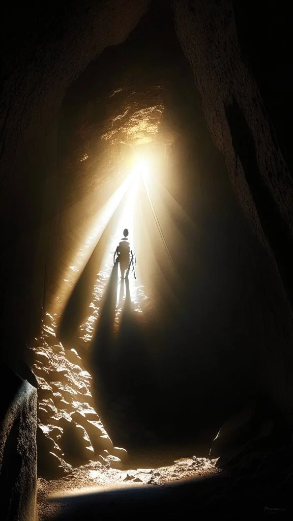 Figure on the scree cone of an underground hall lit by faint rays of sunlight diffuse, coming from a well located forty meters above.